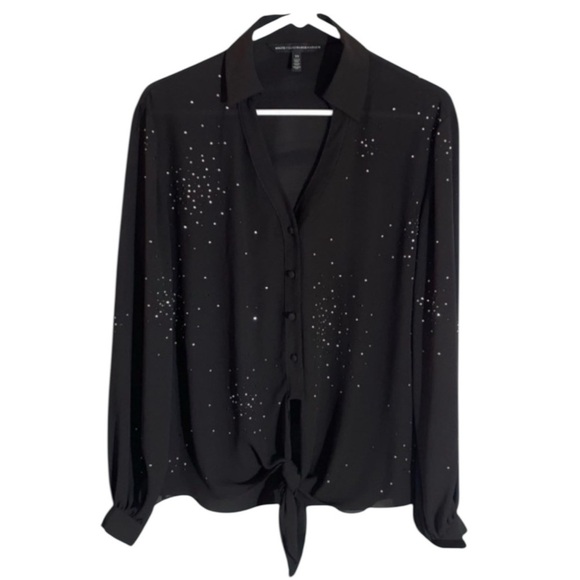 White House Black Market Black Rhinestone Sheer Blouse XS - Picture 10 of 10